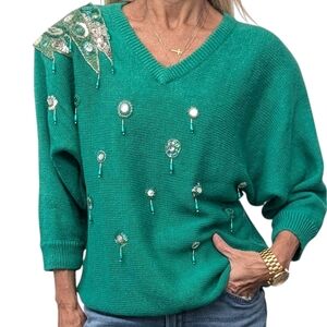 Vintage Marina Embellished Green Beaded Sweater 80s Glam Statement L